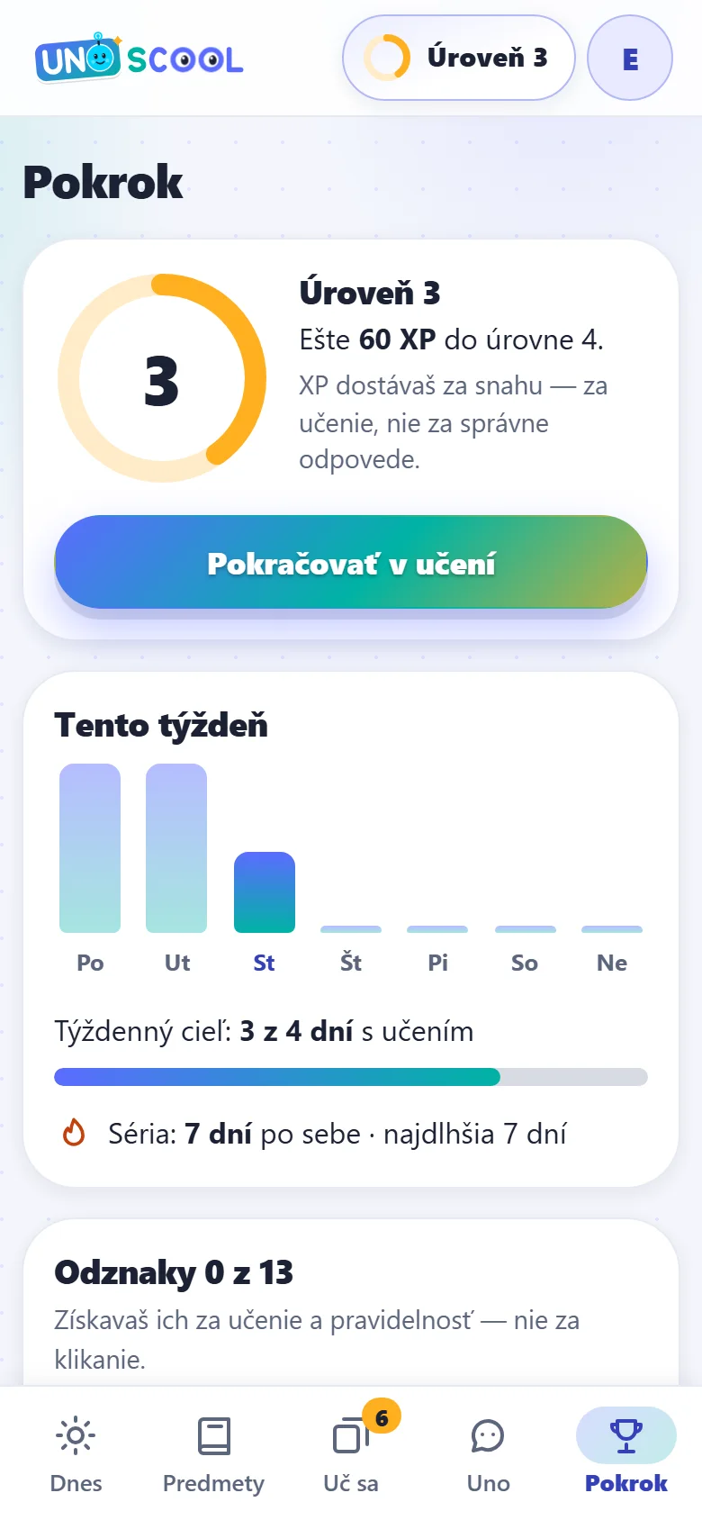 Pokrok: úroveň, týden a série