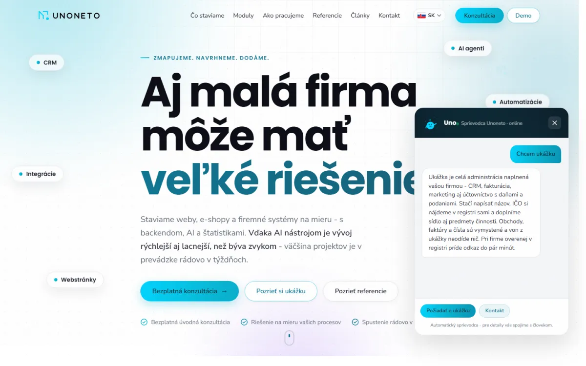 Asistent Uno odpovídá z reálného obsahu webu - ceny a podmínky si nebere z hlavy.